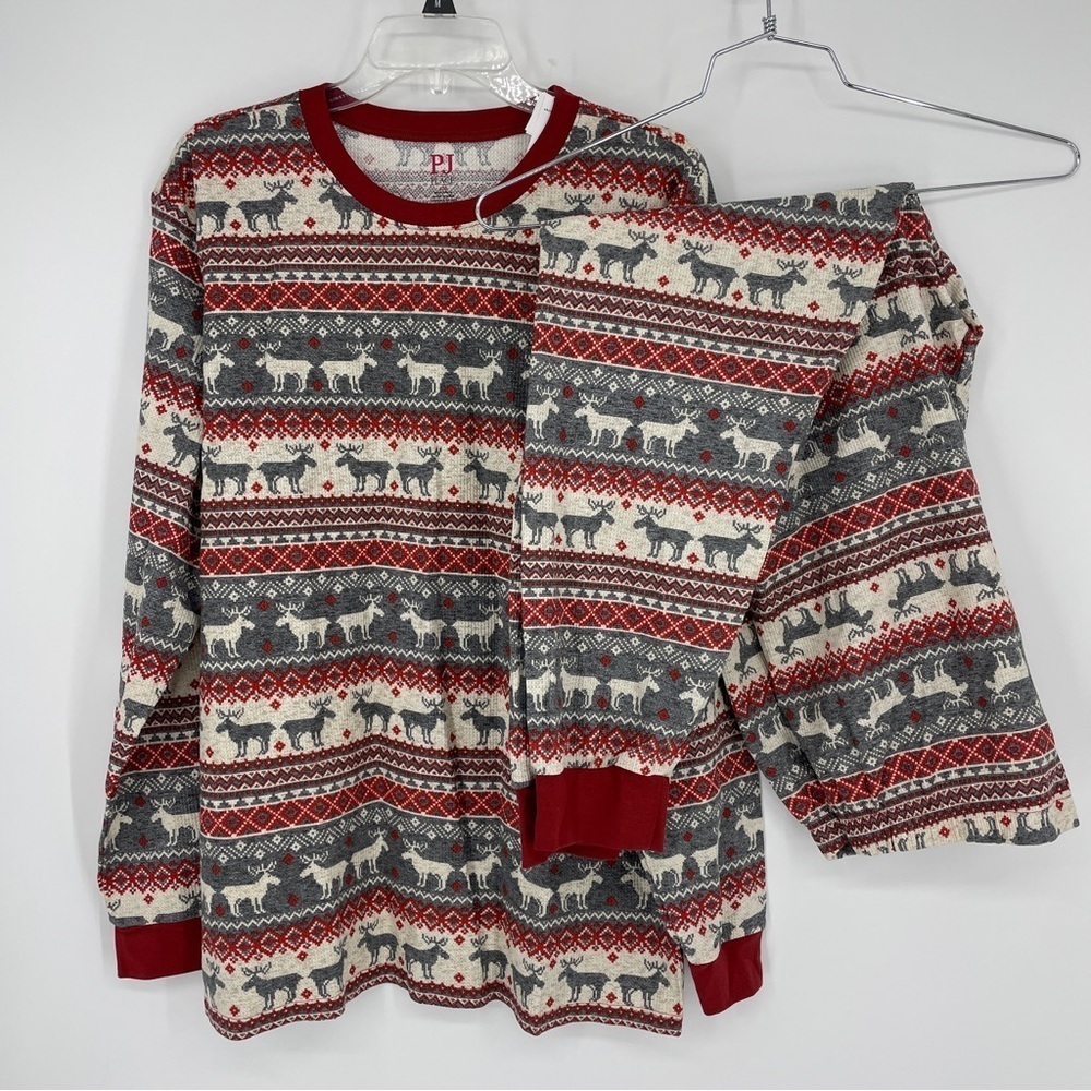 Place Holiday Men’s PJ Shirt & Pant Set Red Beige Aztec Reindeer Christmas